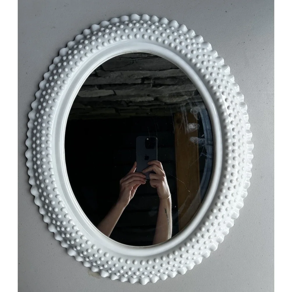 Vintage Burwood Homco Faux Milk Glass Hobnail Wall Mirror Ruffled Cottage Granny